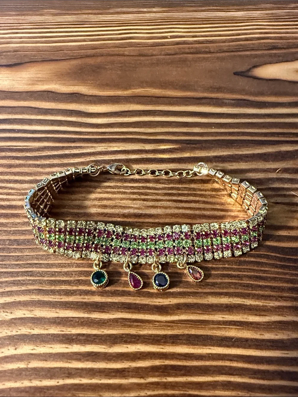 Gold-Tone Pink and Green Multi-Stone Bracelet with Dangle Charms